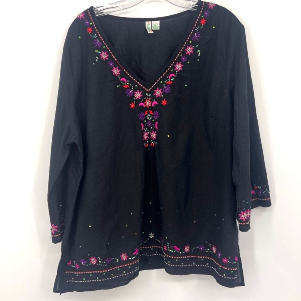 Billblouse Jeanswear 1X Blouse peasant top 100% Cotten embroidered rhinestone